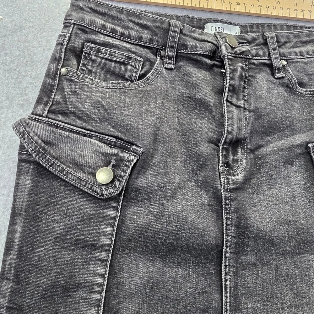Tinsel Black Denim Cargo Mini Skirt Frayed Raw‎ Hem Size 28 Utility Y2K Style